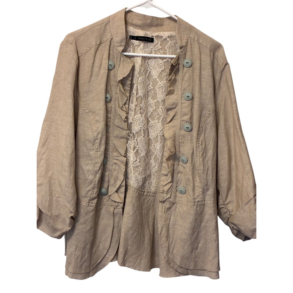 Maurices Vintage Linen Lace Back Ruffle Jacket Tan Beige Cottagecore Size Medium